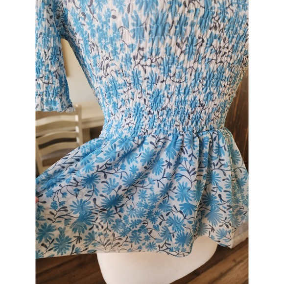 NWOT Maeve by Anthropologie Ashton Blue Floral Smocked Mesh Peplum Top XS - Picture 7 of 11
